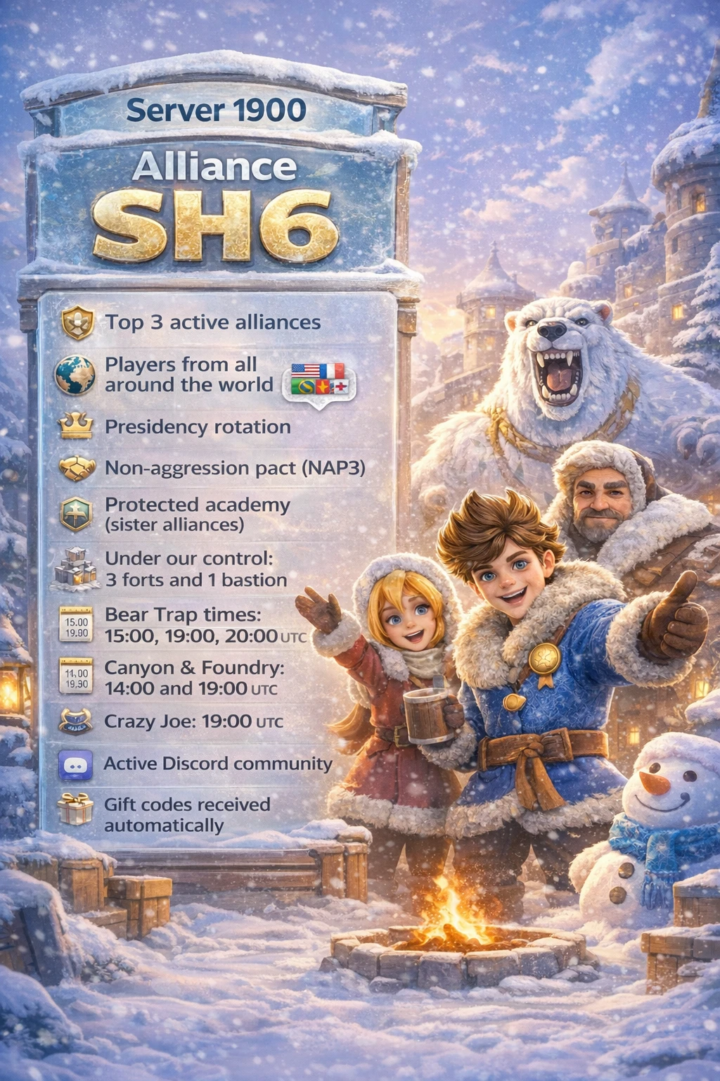 Recrutement officiel de l’alliance SH6 #1900 sur Whiteout Survival
