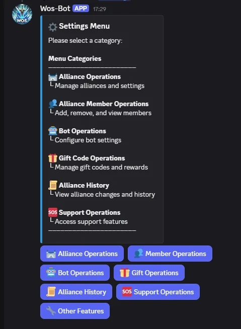 WoS-Bot Discord – Menu de configuration et opérations avancées